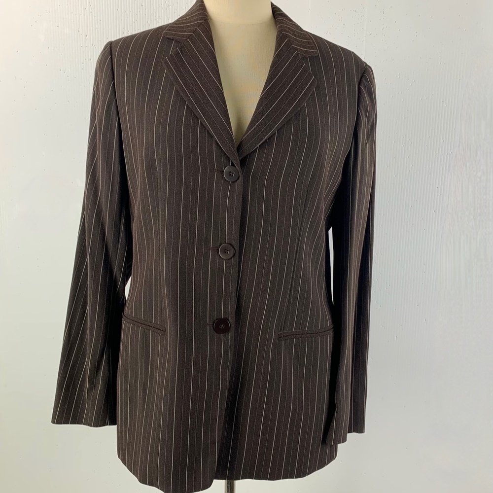 1990s Giorgio Armani Le Collezioni Blazer Jacket 8 Brown Pin Striped Wool Blend